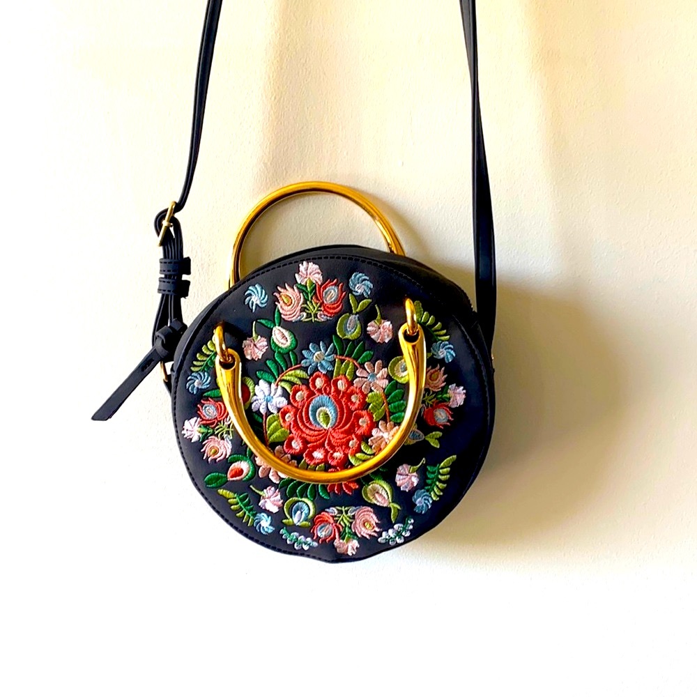 Cross body round floral embroidered purse